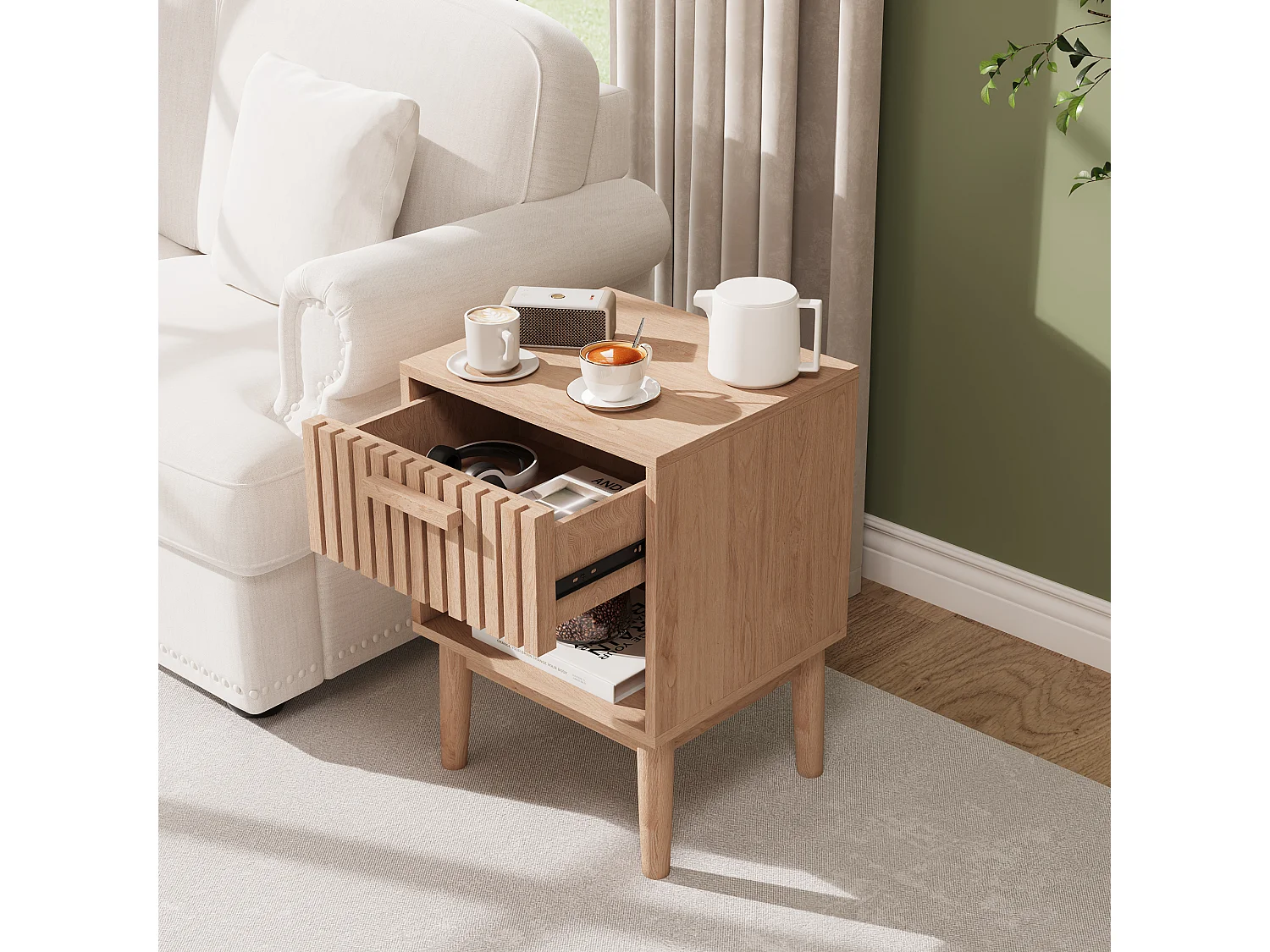 Nachtkastje van hout met 1 lade en open plank, modern golvend paneelontwerp, 55x40x35cm