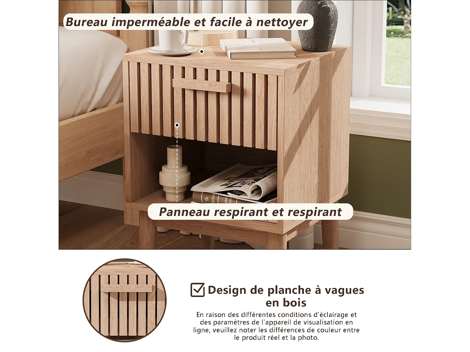 Nachtkastje van hout met 1 lade en open plank, modern golvend paneelontwerp, 55x40x35cm
