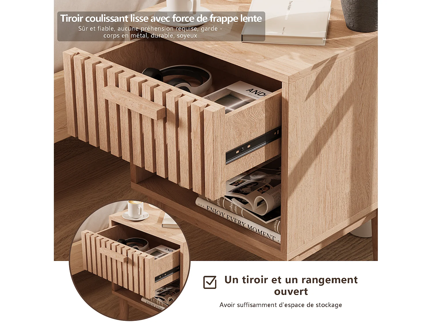 Nachtkastje van hout met 1 lade en open plank, modern golvend paneelontwerp, 55x40x35cm