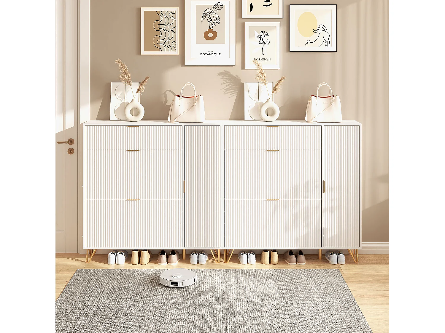 Zapatero moderno blanco con almacenamiento ajustable y diseño antideslizante: estilo lujoso y ligero.