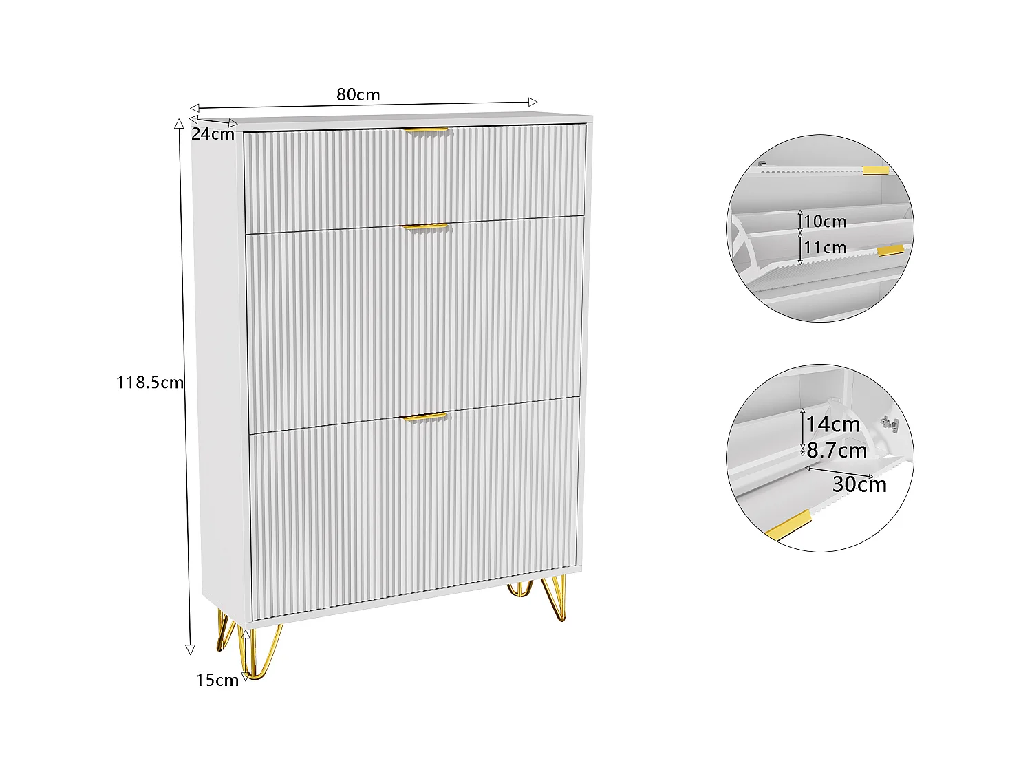 Meuble à chaussures moderne en bois avec 3 portes battantes, pieds en métal doré et design antichute – Grand meuble à chaussures, blanc, 49 x 29 x 120 cm