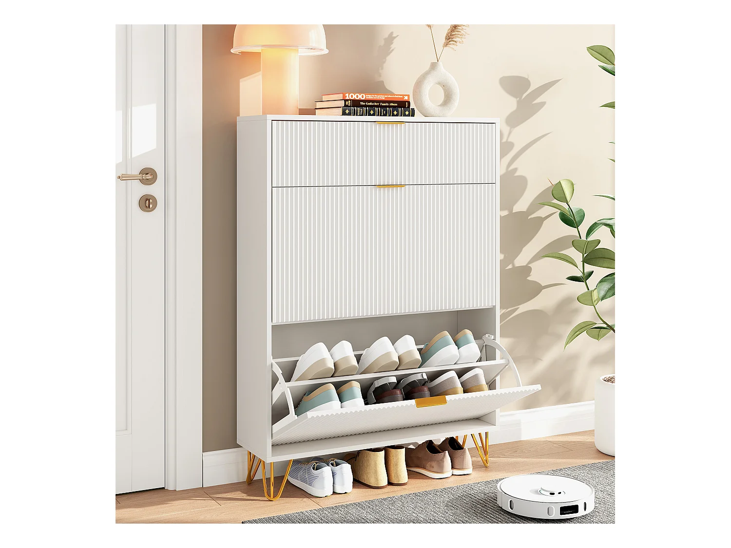 Meuble à chaussures moderne en bois avec 3 portes battantes, pieds en métal doré et design antichute – Grand meuble à chaussures, blanc, 49 x 29 x 120 cm