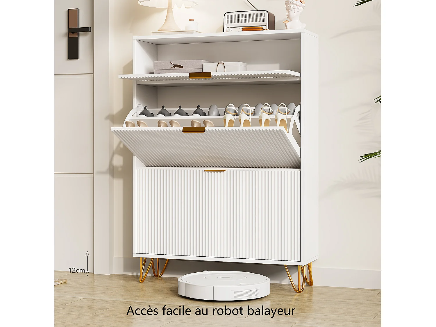 Scarpiera moderna in legno con 3 ante a battente, piedini in metallo dorato e design anticaduta – Scarpiera grande, bianca, 49x29x120 cm