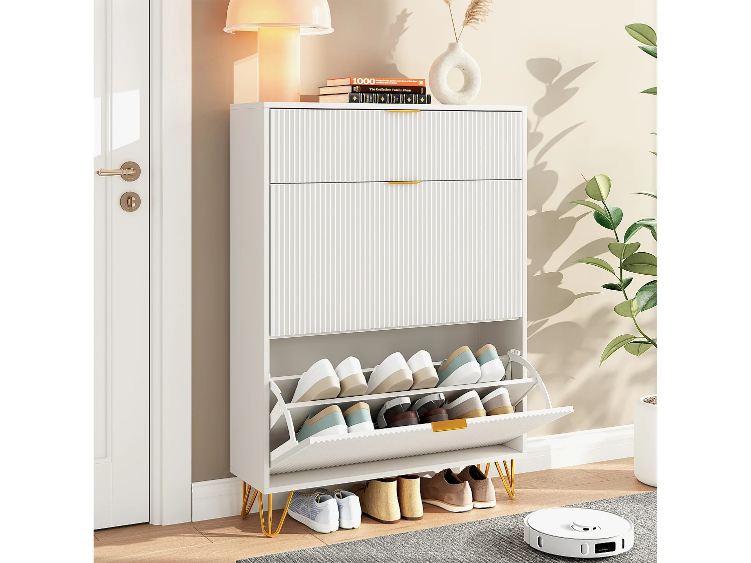 Meuble à chaussures moderne en bois avec 3 portes battantes, pieds en métal doré et design antichute – Grand meuble à chaussures, blanc, 49 x 29 x 120 cm