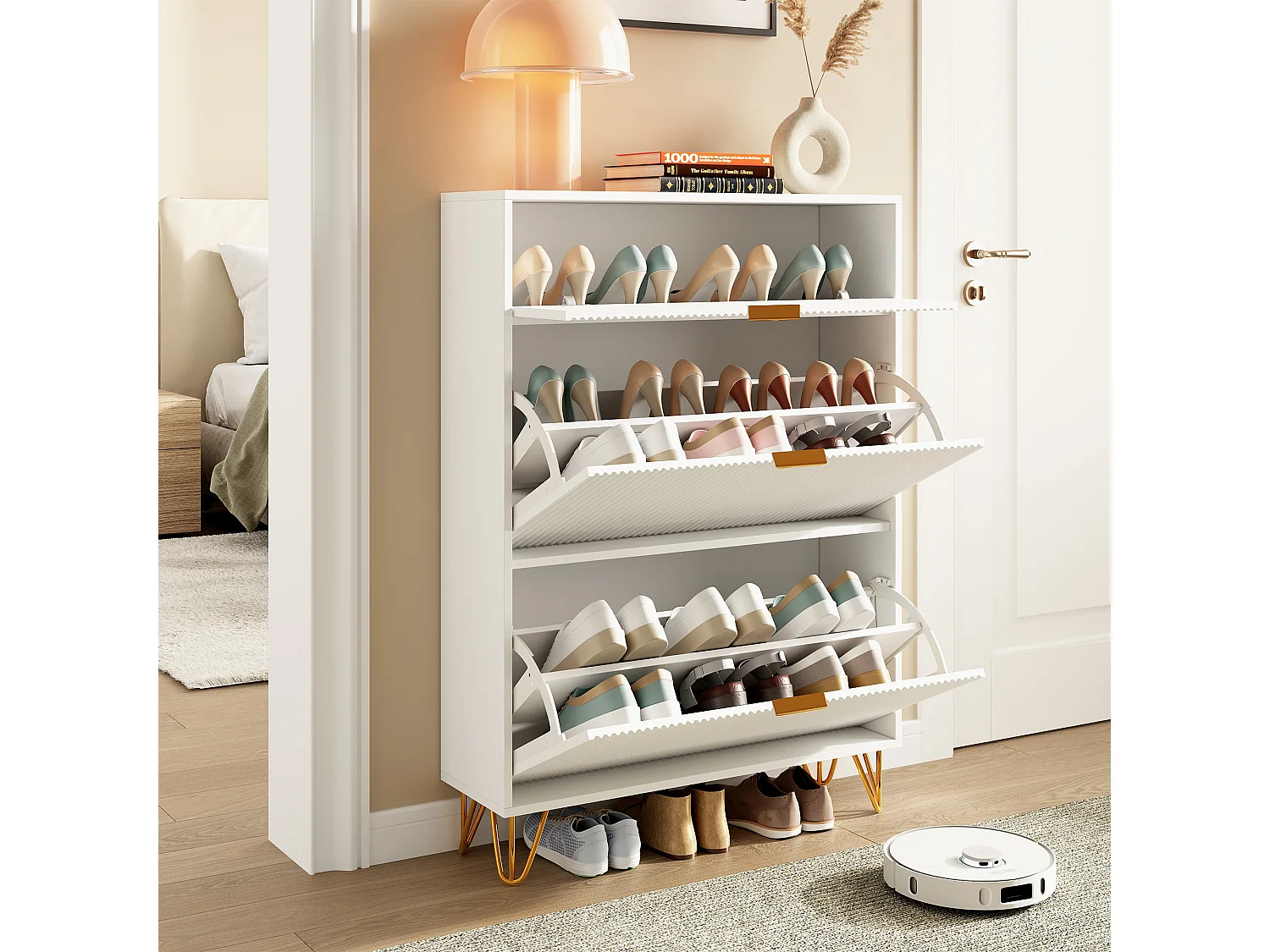 Meuble à chaussures moderne en bois avec 3 portes battantes, pieds en métal doré et design antichute – Grand meuble à chaussures, blanc, 49 x 29 x 120 cm