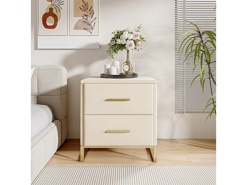 Comodino con 2 cassetti in velluto beige con base in metallo dorato – 40x40x50cm
