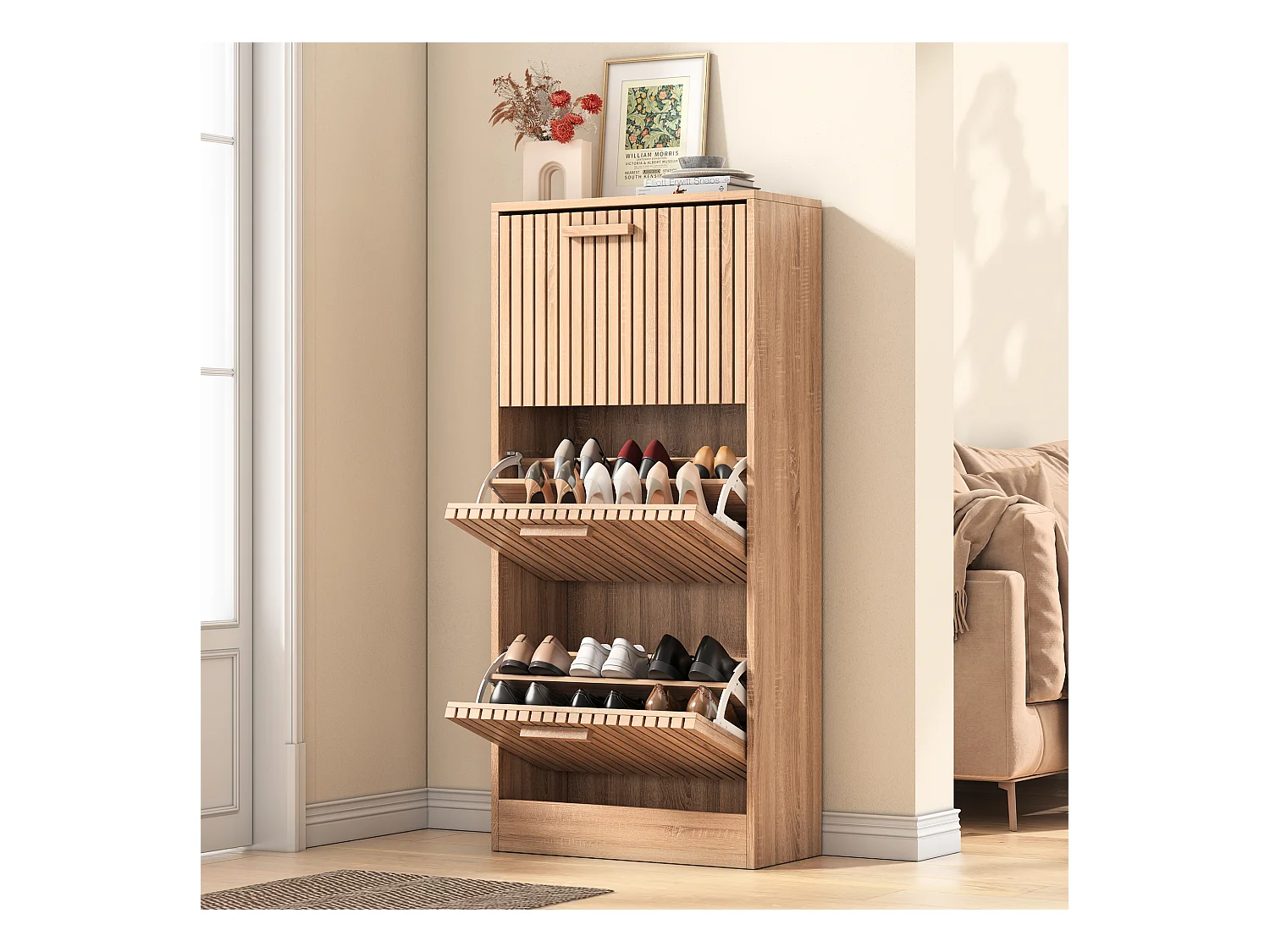 Meuble à chaussures en bois au design moderne, 3 tiroirs basculants, 113 x 60 x 24 cm – Structure robuste et panneau respirant