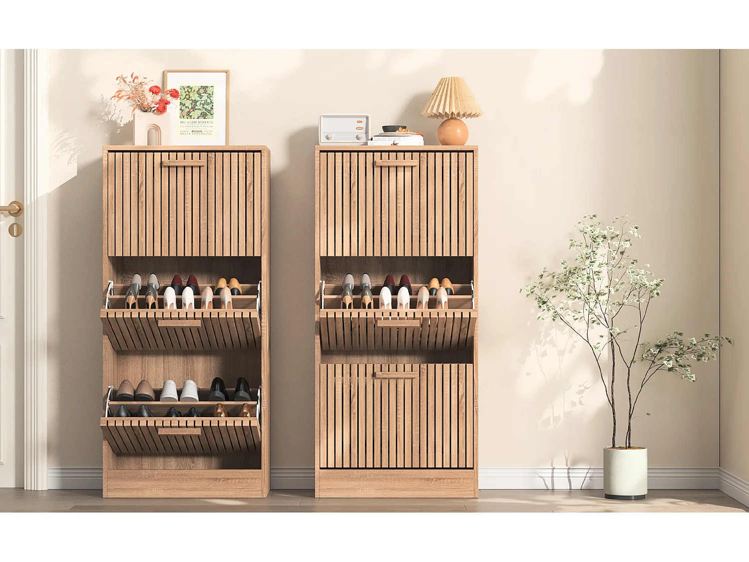 Zapatero de madera de diseño moderno, 3 cajones basculantes, 113 x 60 x 24 cm – Estructura robusta y panel transpirable