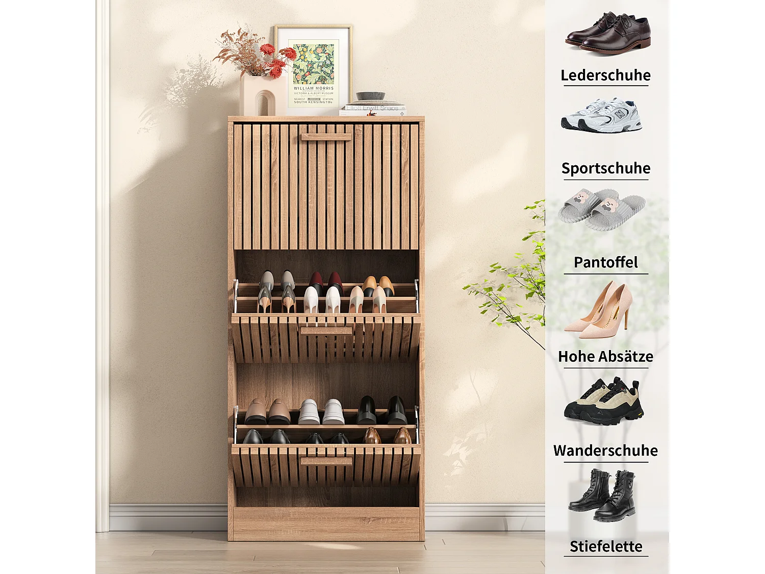 Zapatero de madera de diseño moderno, 3 cajones basculantes, 113 x 60 x 24 cm – Estructura robusta y panel transpirable