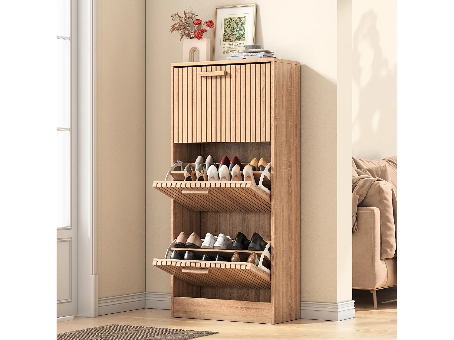 Meuble à chaussures en bois au design moderne, 3 tiroirs basculants, 113 x 60 x 24 cm – Structure robuste et panneau respirant