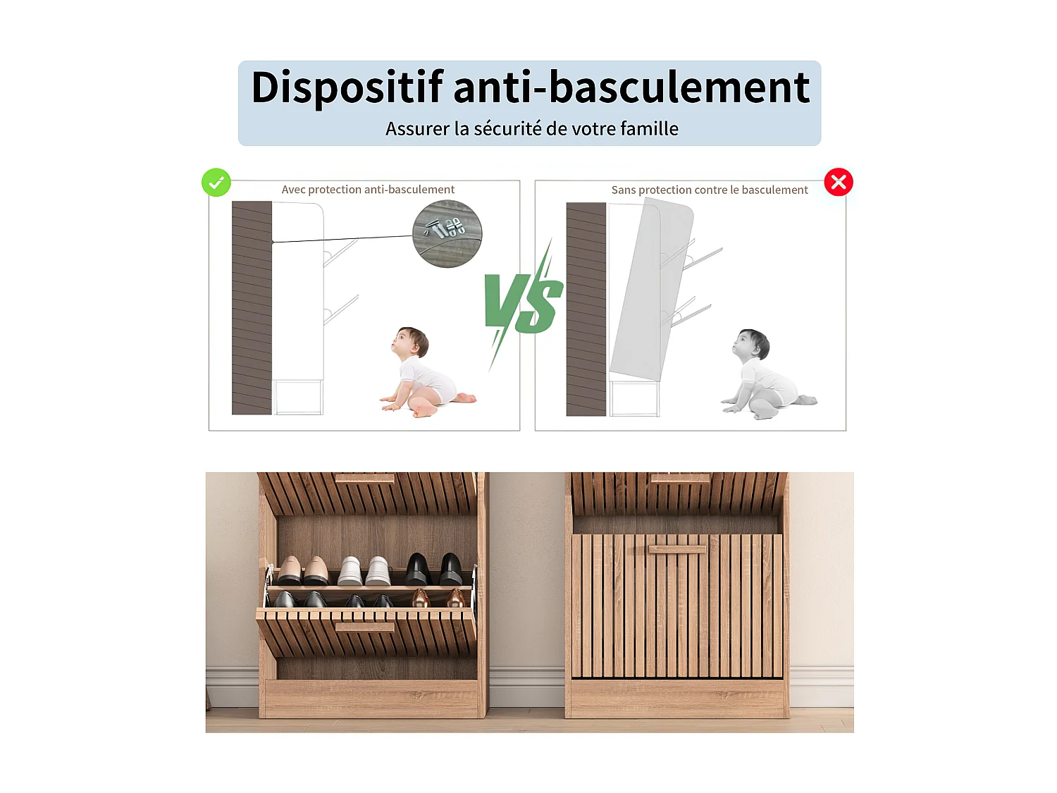 Meuble à chaussures en bois au design moderne, 3 tiroirs basculants, 113 x 60 x 24 cm – Structure robuste et panneau respirant