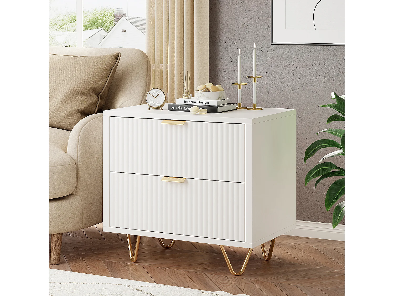 Modern nachtkastje met 2 lades, golvend design, gouden metalen handgrepen en hoge stalen poten – 49x29x47 cm, wit