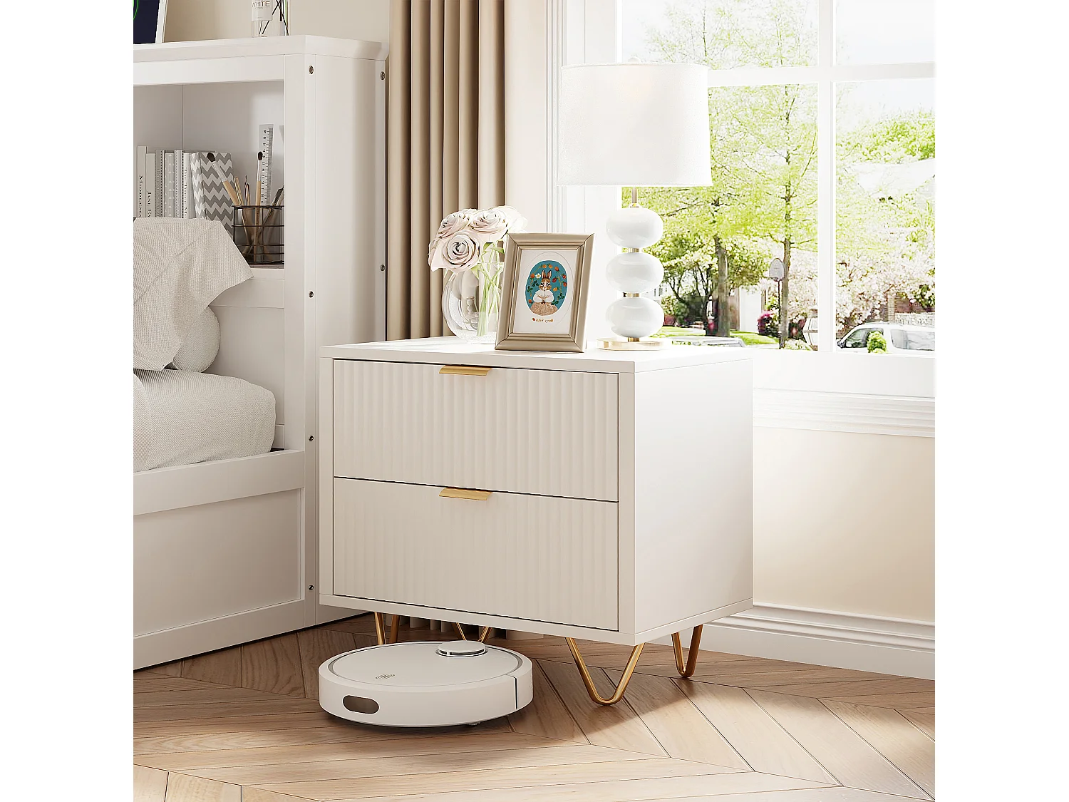 Modern nachtkastje met 2 lades, golvend design, gouden metalen handgrepen en hoge stalen poten – 49x29x47 cm, wit