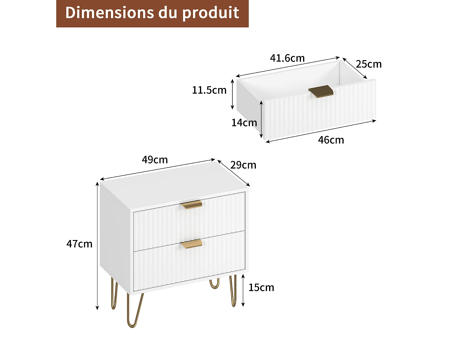 Modern nachtkastje met 2 lades, golvend design, gouden metalen handgrepen en hoge stalen poten – 49x29x47 cm, wit