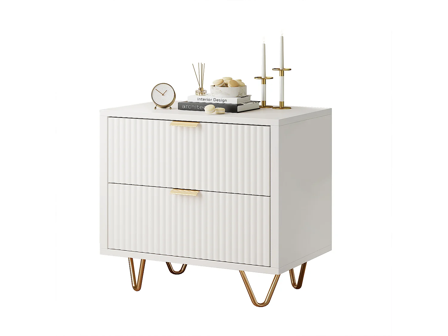 Modern nachtkastje met 2 lades, golvend design, gouden metalen handgrepen en hoge stalen poten – 49x29x47 cm, wit