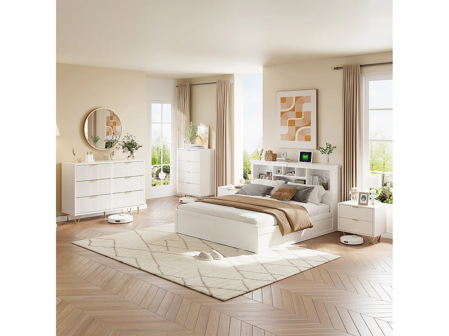 Modern nachtkastje met 2 lades, golvend design, gouden metalen handgrepen en hoge stalen poten – 49x29x47 cm, wit