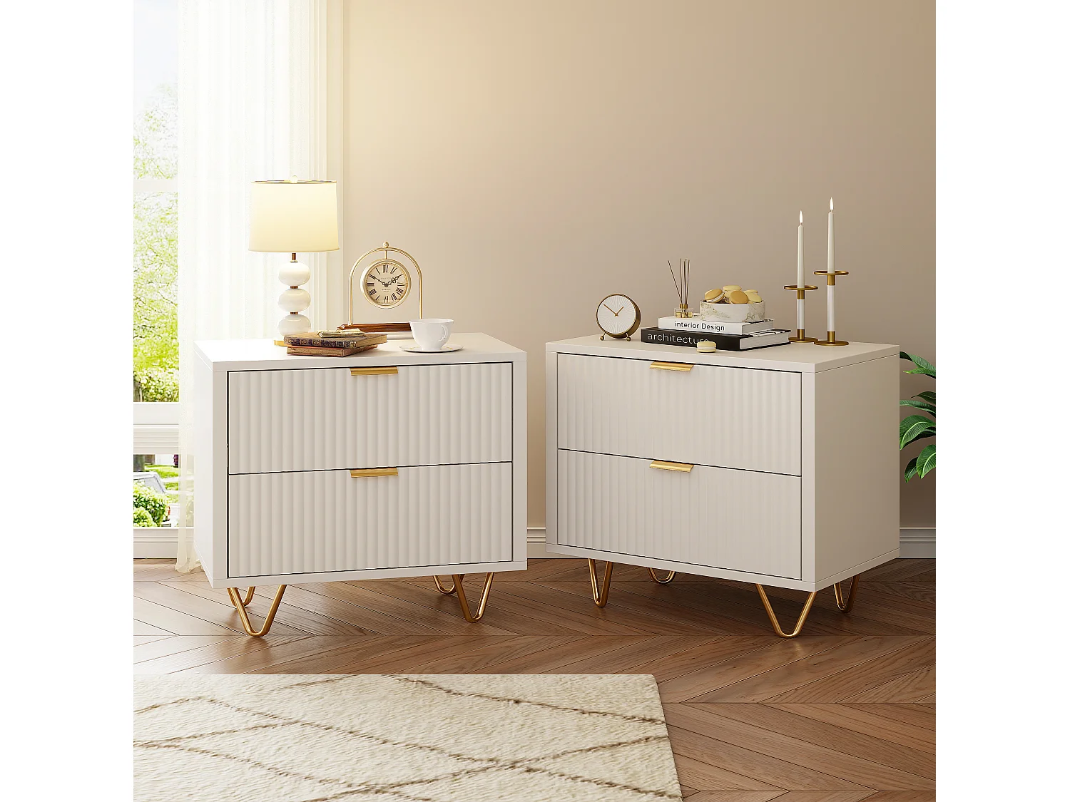 Table de chevet moderne à 2 tiroirs, design ondulé, poignées en métal doré et pieds hauts en acier – 49 x 29 x 47 cm, blanc