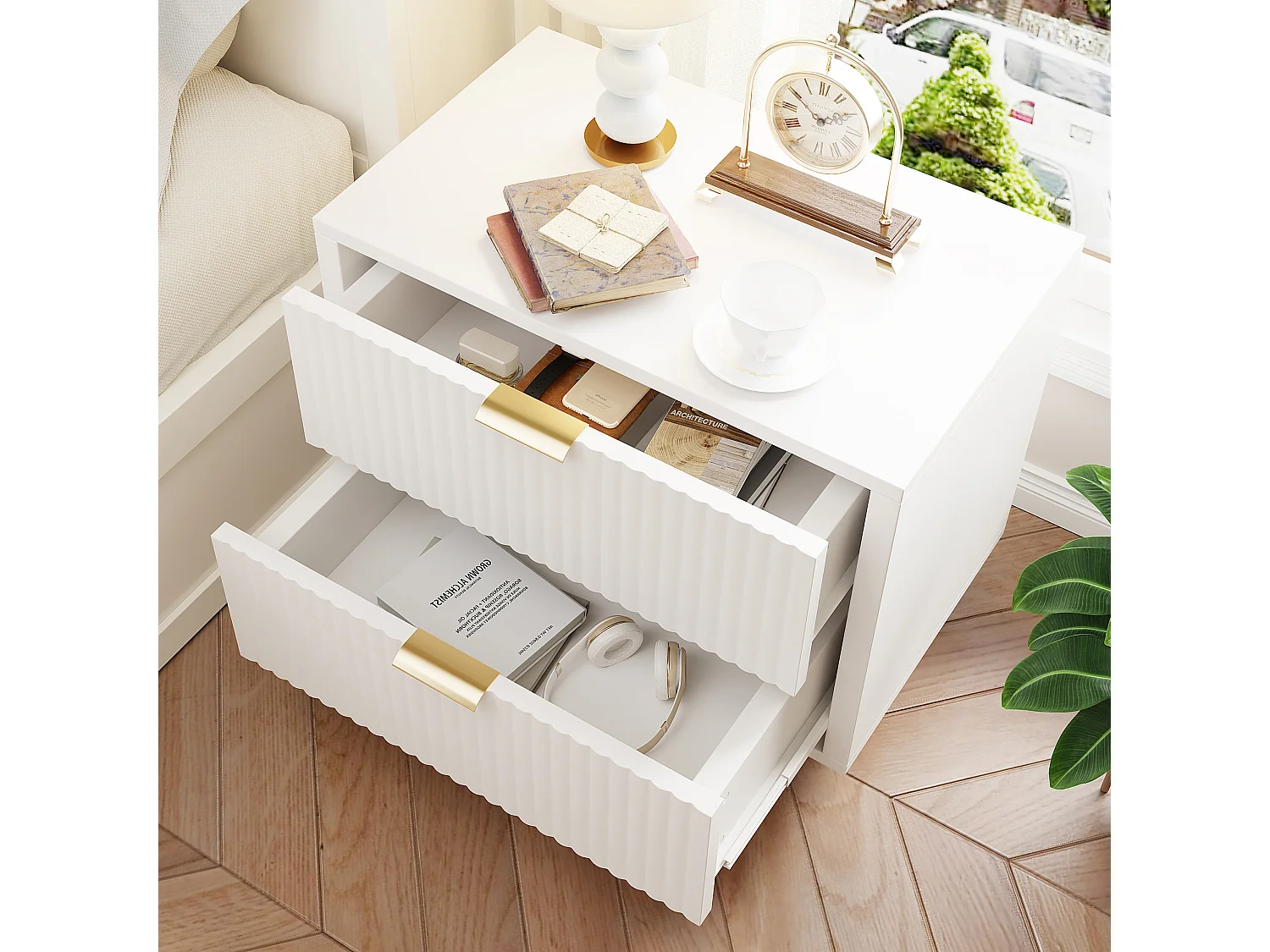 Table de chevet moderne à 2 tiroirs, design ondulé, poignées en métal doré et pieds hauts en acier – 49 x 29 x 47 cm, blanc