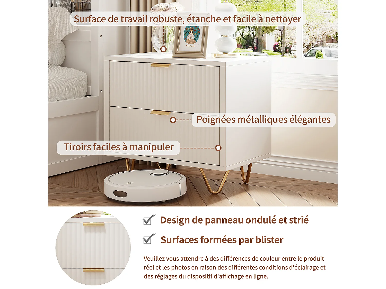 Table de chevet moderne à 2 tiroirs, design ondulé, poignées en métal doré et pieds hauts en acier – 49 x 29 x 47 cm, blanc