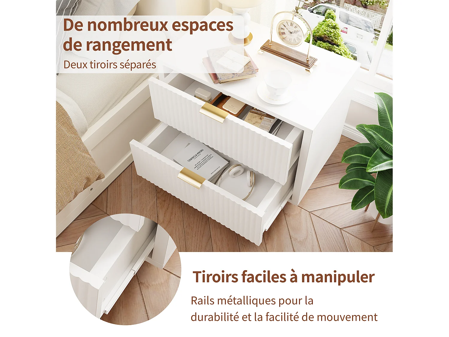 Table de chevet moderne à 2 tiroirs, design ondulé, poignées en métal doré et pieds hauts en acier – 49 x 29 x 47 cm, blanc