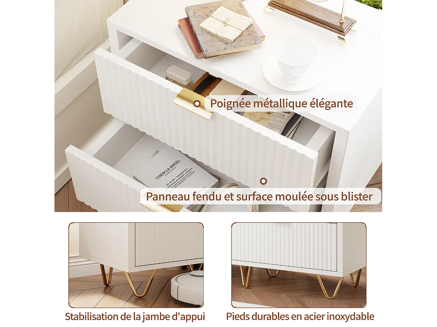 Table de chevet moderne à 2 tiroirs, design ondulé, poignées en métal doré et pieds hauts en acier – 49 x 29 x 47 cm, blanc