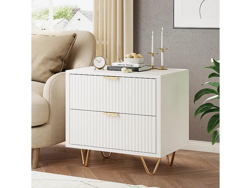 Modern nachtkastje met 2 lades, golvend design, gouden metalen handgrepen en hoge stalen poten – 49x29x47 cm, wit