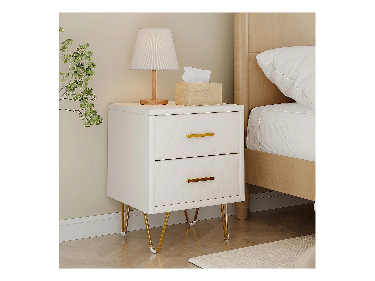 Table de chevet moderne à 2 tiroirs, revêtement beige matelassé et pieds en métal doré – Table de chevet élégante 41 x 35,5 x 51 cm
