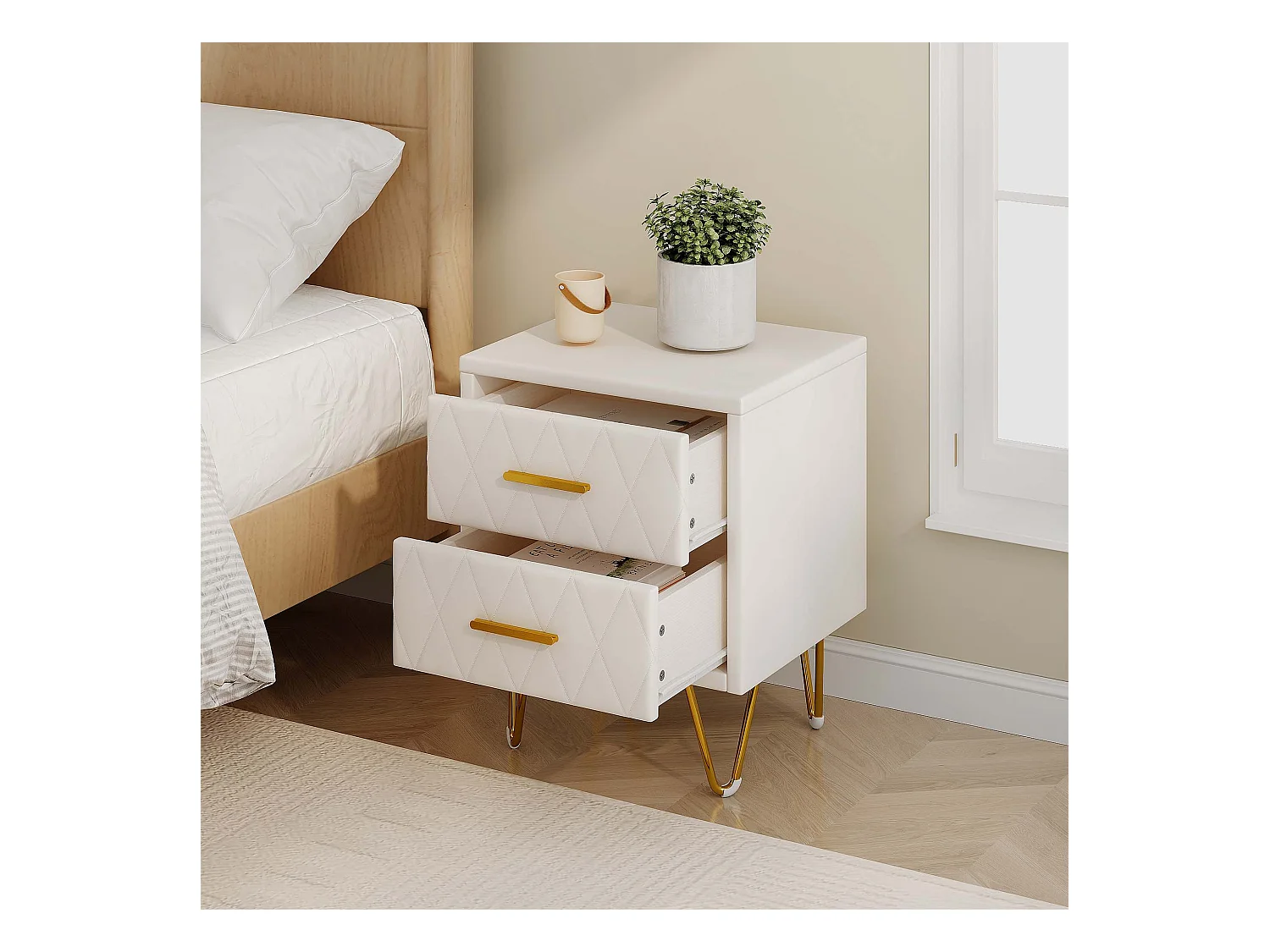Table de chevet moderne à 2 tiroirs, revêtement beige matelassé et pieds en métal doré – Table de chevet élégante 41 x 35,5 x 51 cm