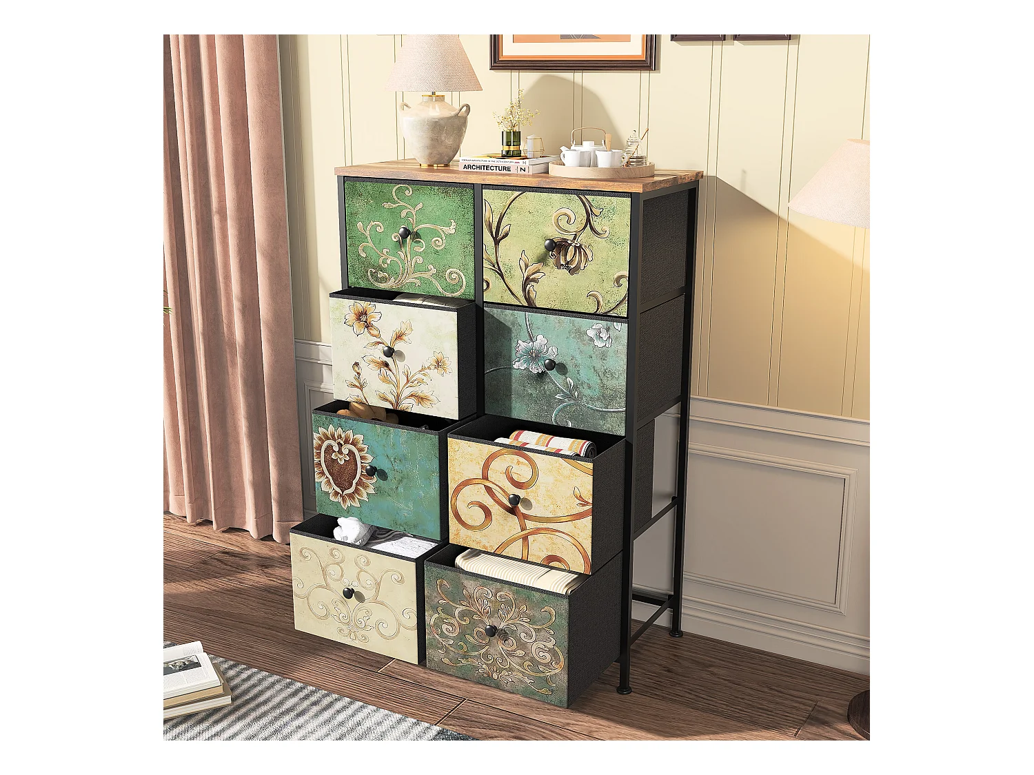 Commode vintage à 8 tiroirs en tissu imprimé et structure en métal – Design rétro et fonctionnel