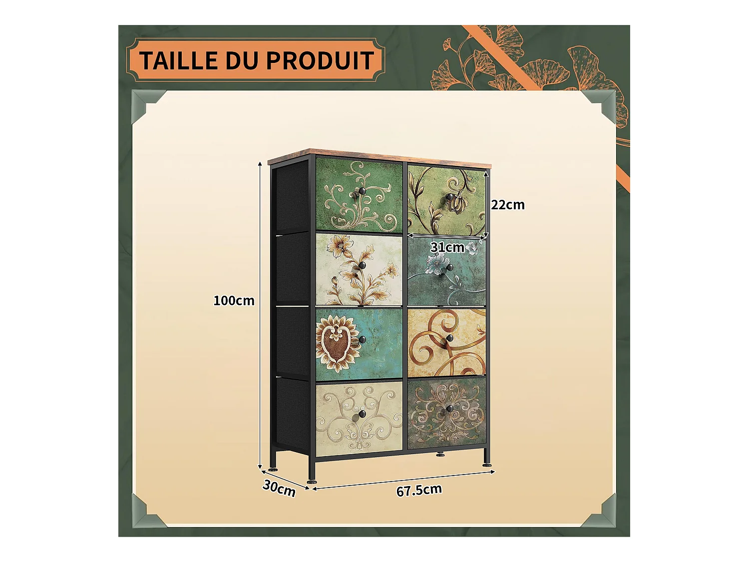 Commode vintage à 8 tiroirs en tissu imprimé et structure en métal – Design rétro et fonctionnel