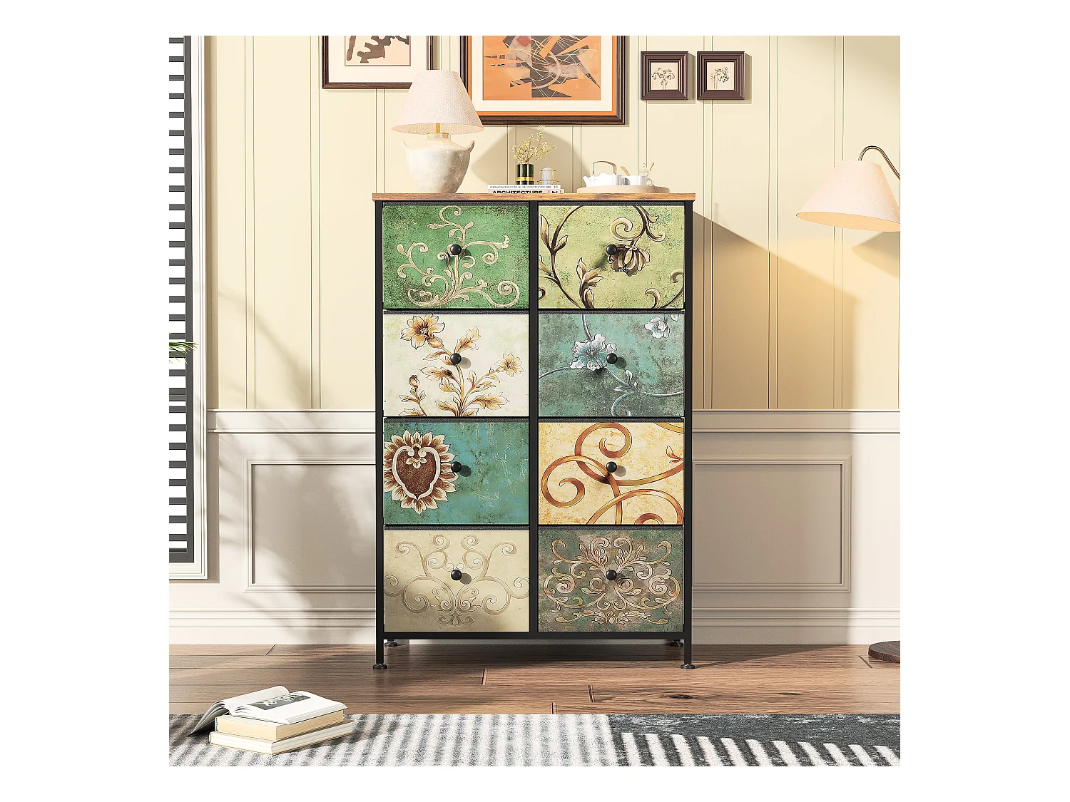 Commode vintage à 8 tiroirs en tissu imprimé et structure en métal – Design rétro et fonctionnel