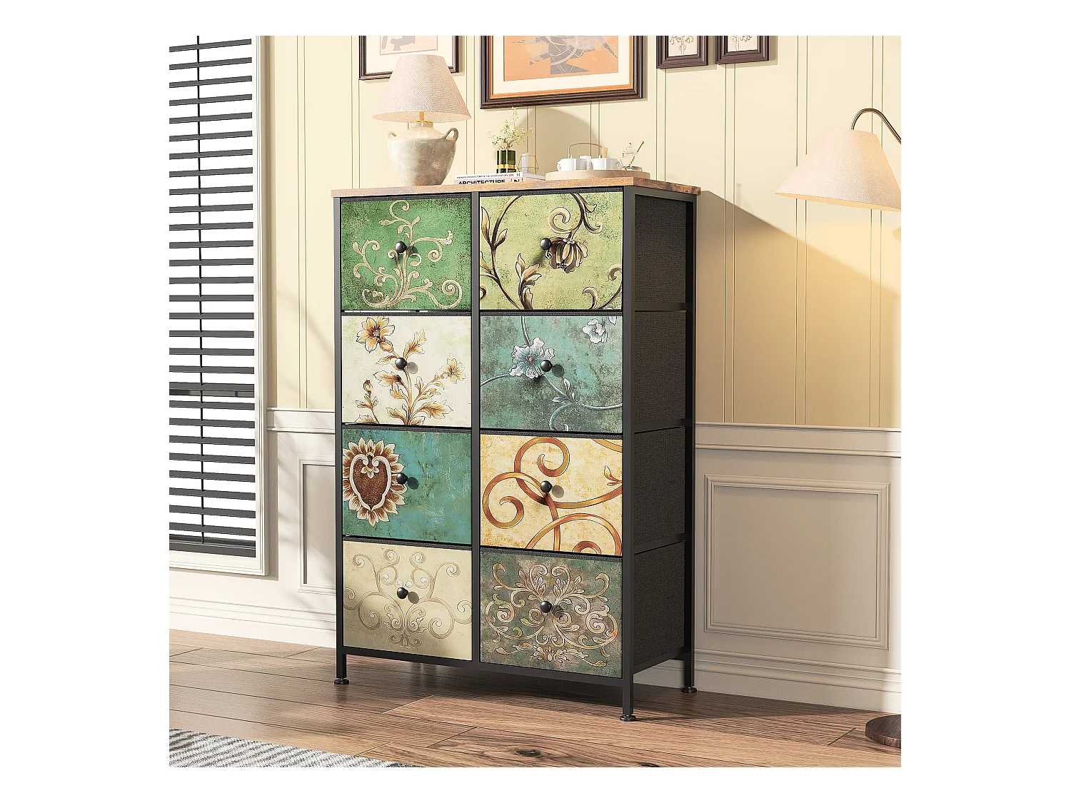 Commode vintage à 8 tiroirs en tissu imprimé et structure en métal – Design rétro et fonctionnel
