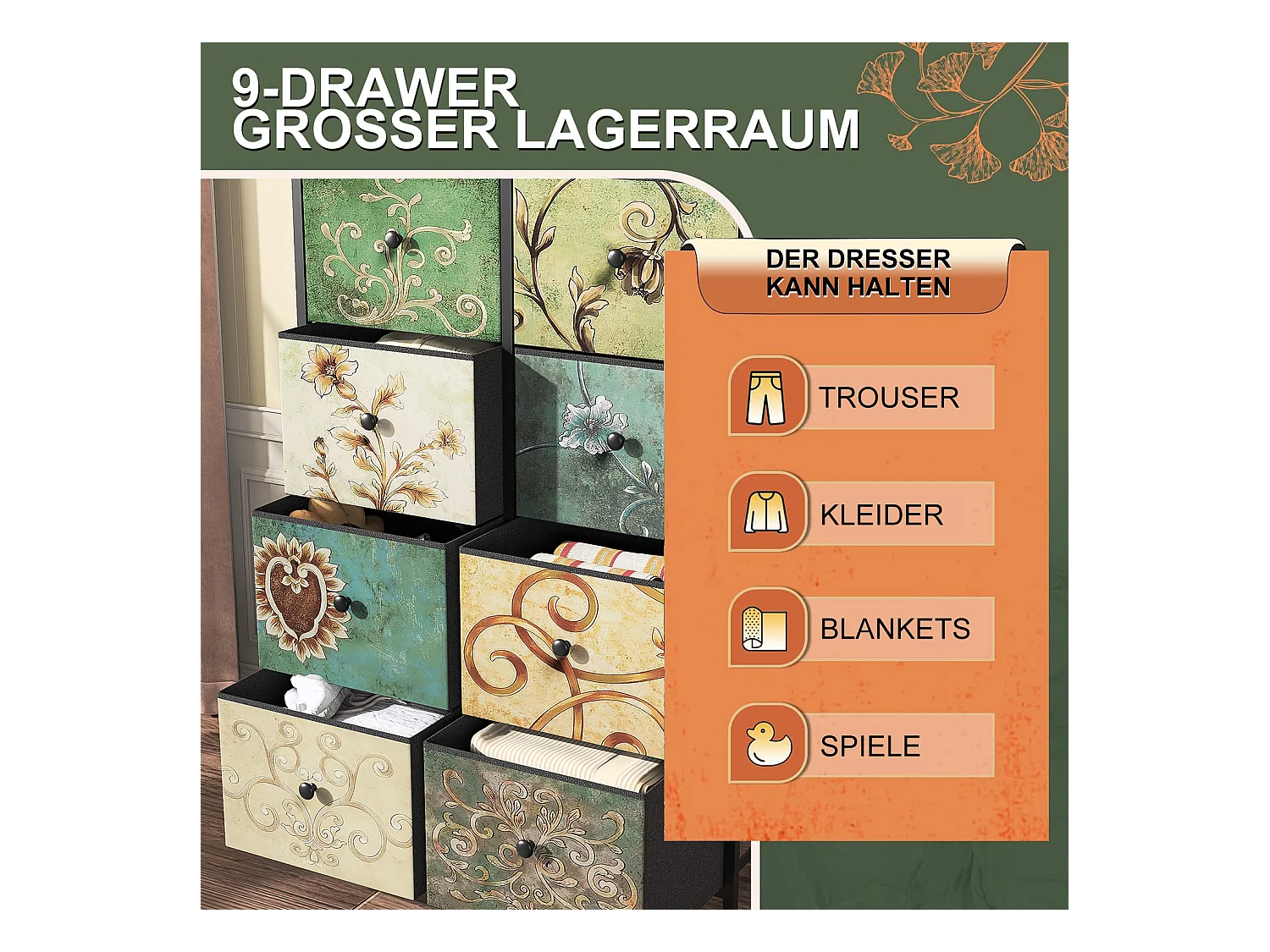 Commode vintage à 8 tiroirs en tissu imprimé et structure en métal – Design rétro et fonctionnel