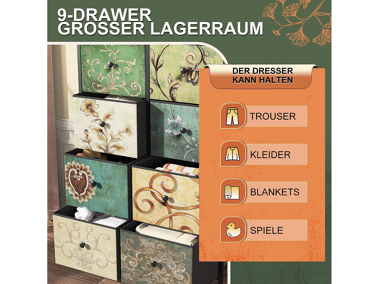 Commode vintage à 8 tiroirs en tissu imprimé et structure en métal – Design rétro et fonctionnel