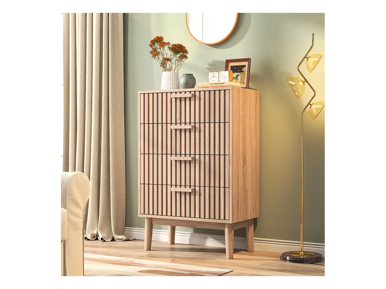 Commode en bois à 4 tiroirs, design ventilé et dispositif antichute