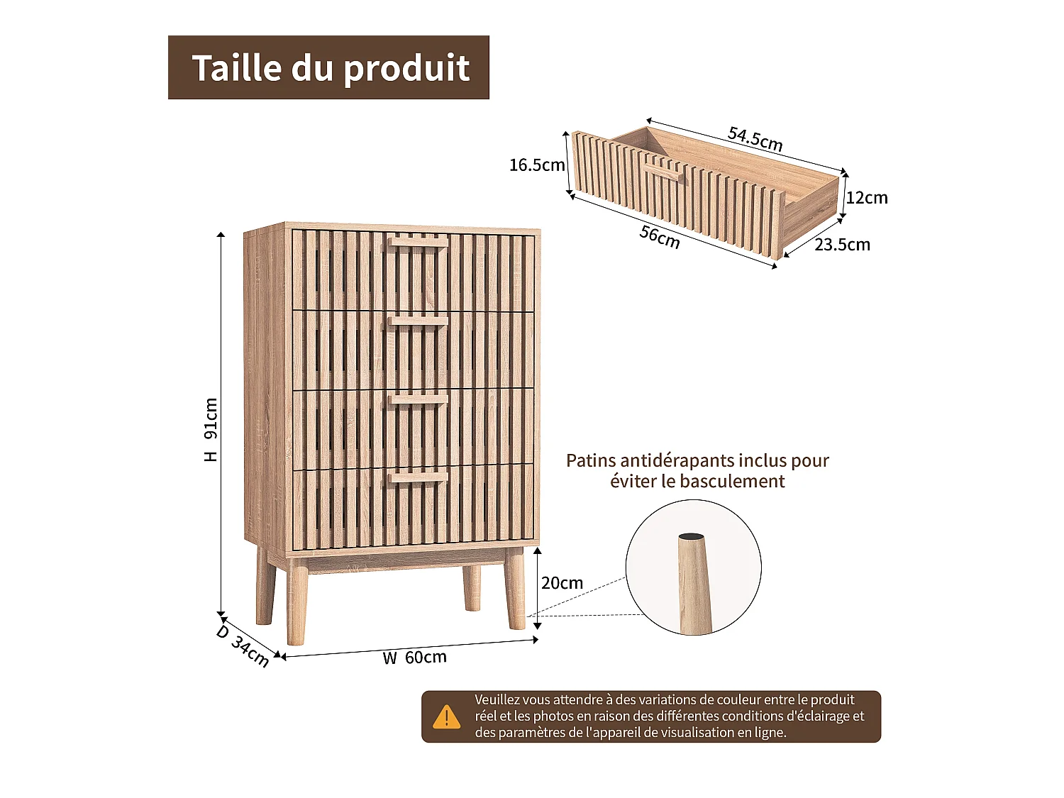 Commode en bois à 4 tiroirs, design ventilé et dispositif antichute