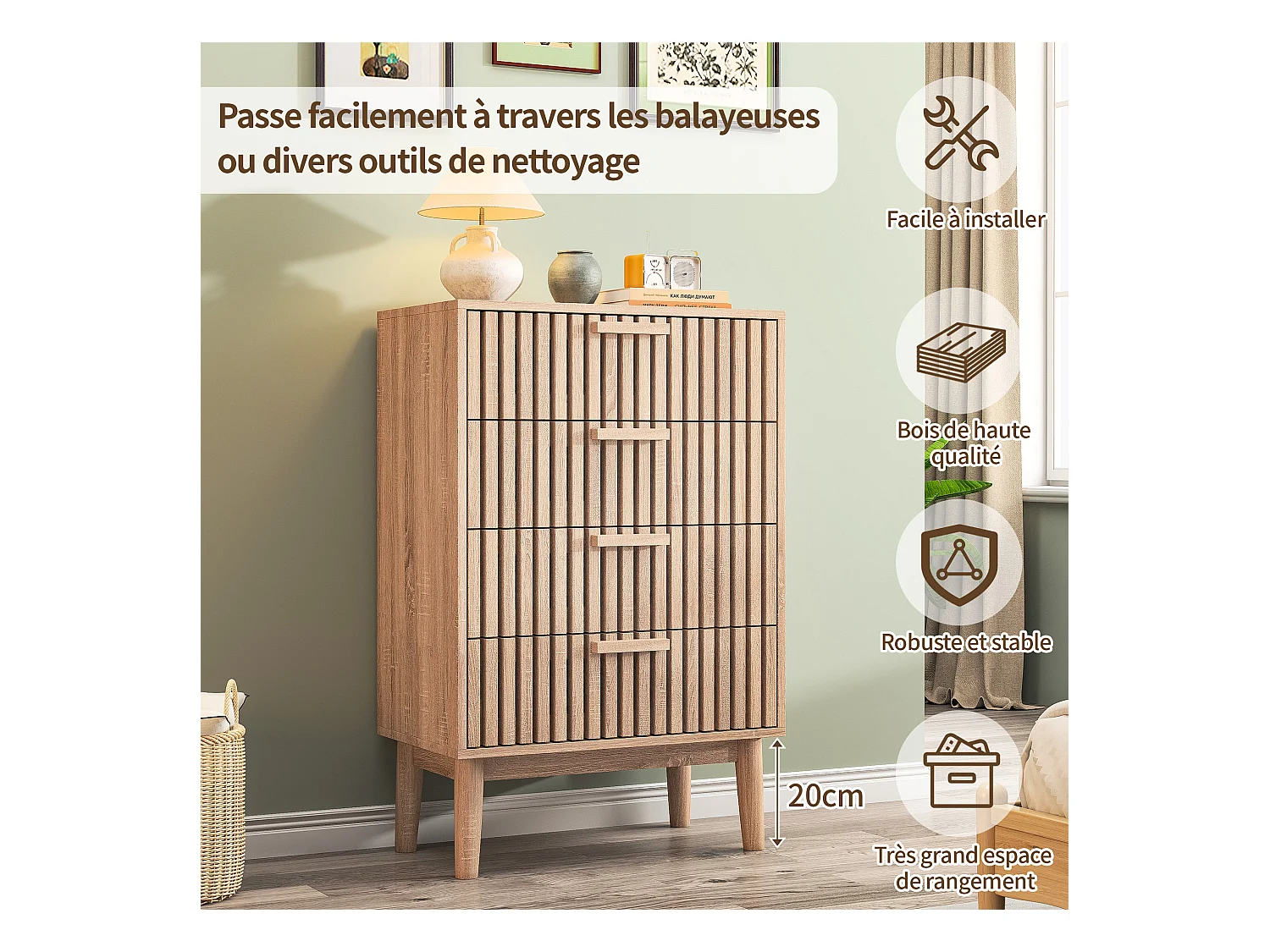 Commode en bois à 4 tiroirs, design ventilé et dispositif antichute