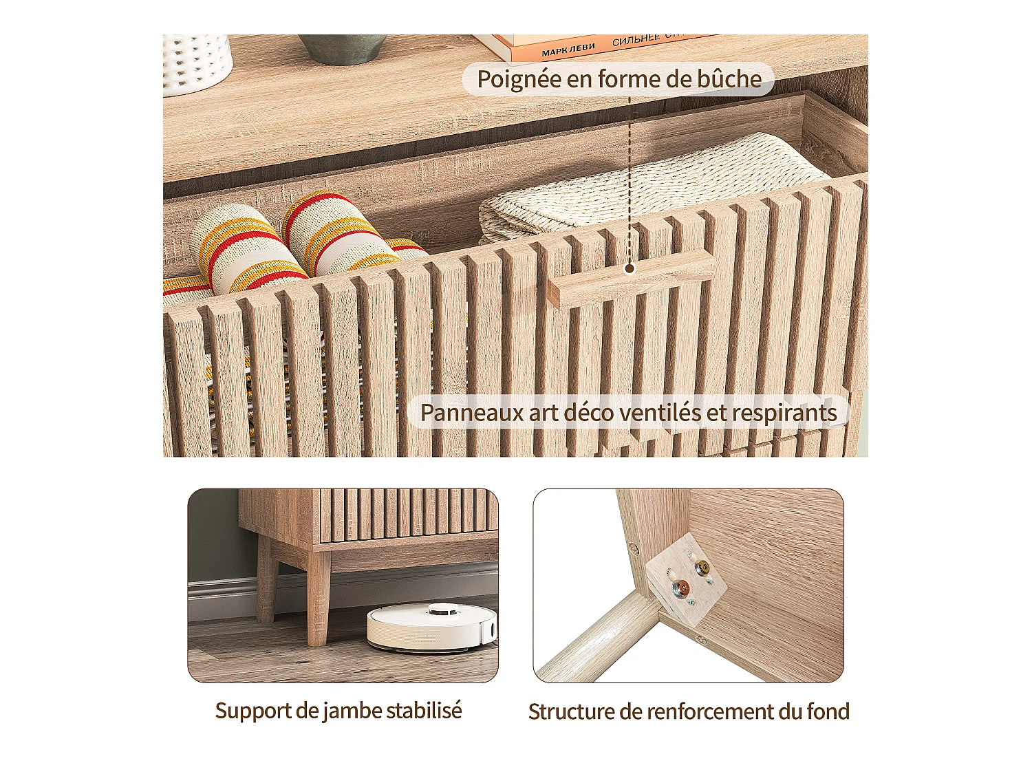 Commode en bois à 4 tiroirs, design ventilé et dispositif antichute
