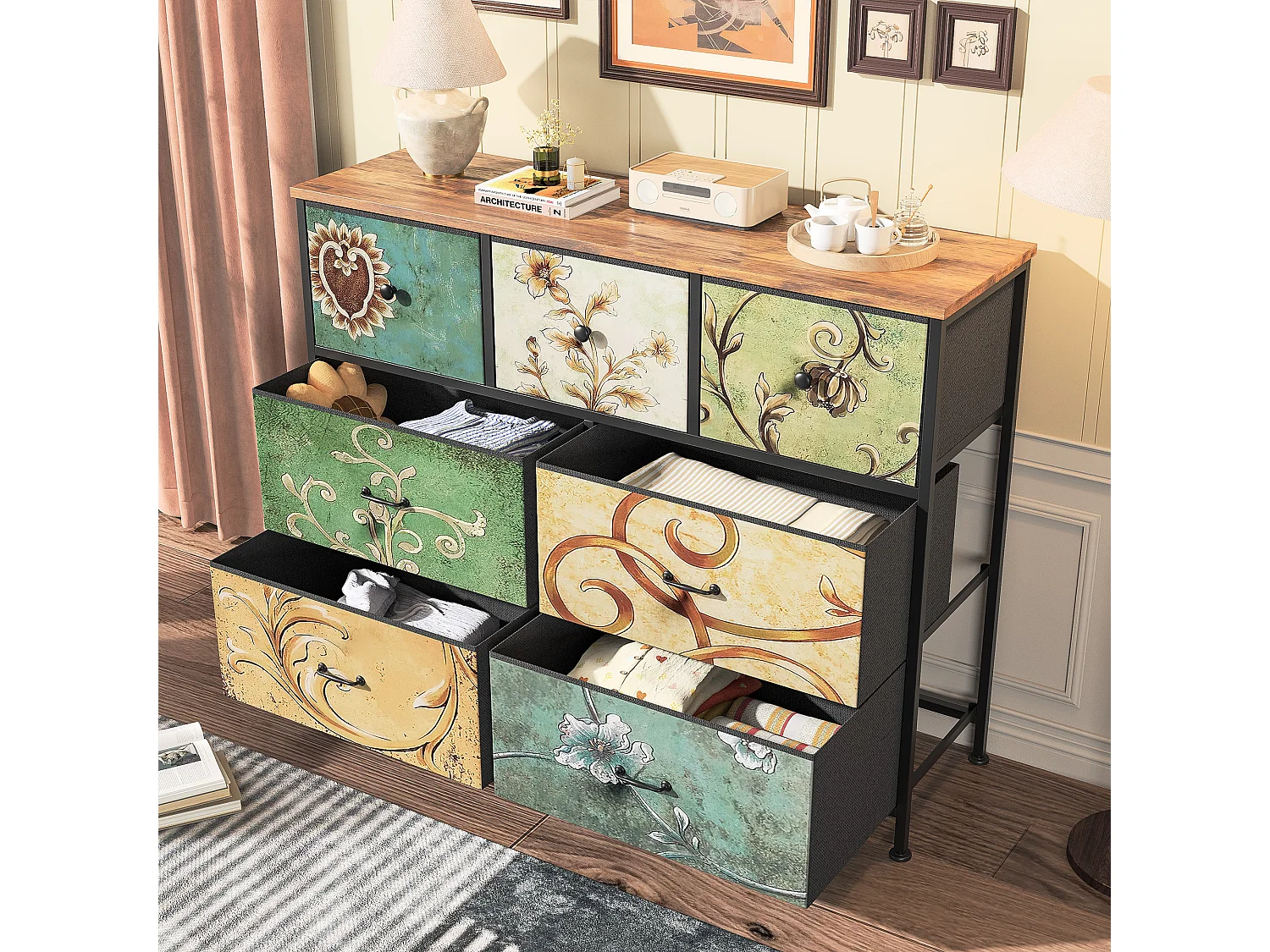 Vintage-Kommode mit 7 Schubladen aus bedrucktem Stoff und Metallrahmen – Retro und funktionales Design