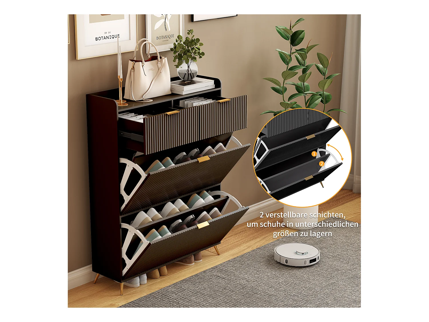 Modernes schwarzes Schuhregal mit 2 Schubladen und 2 Kipptüren – minimalistisches und funktionales Design