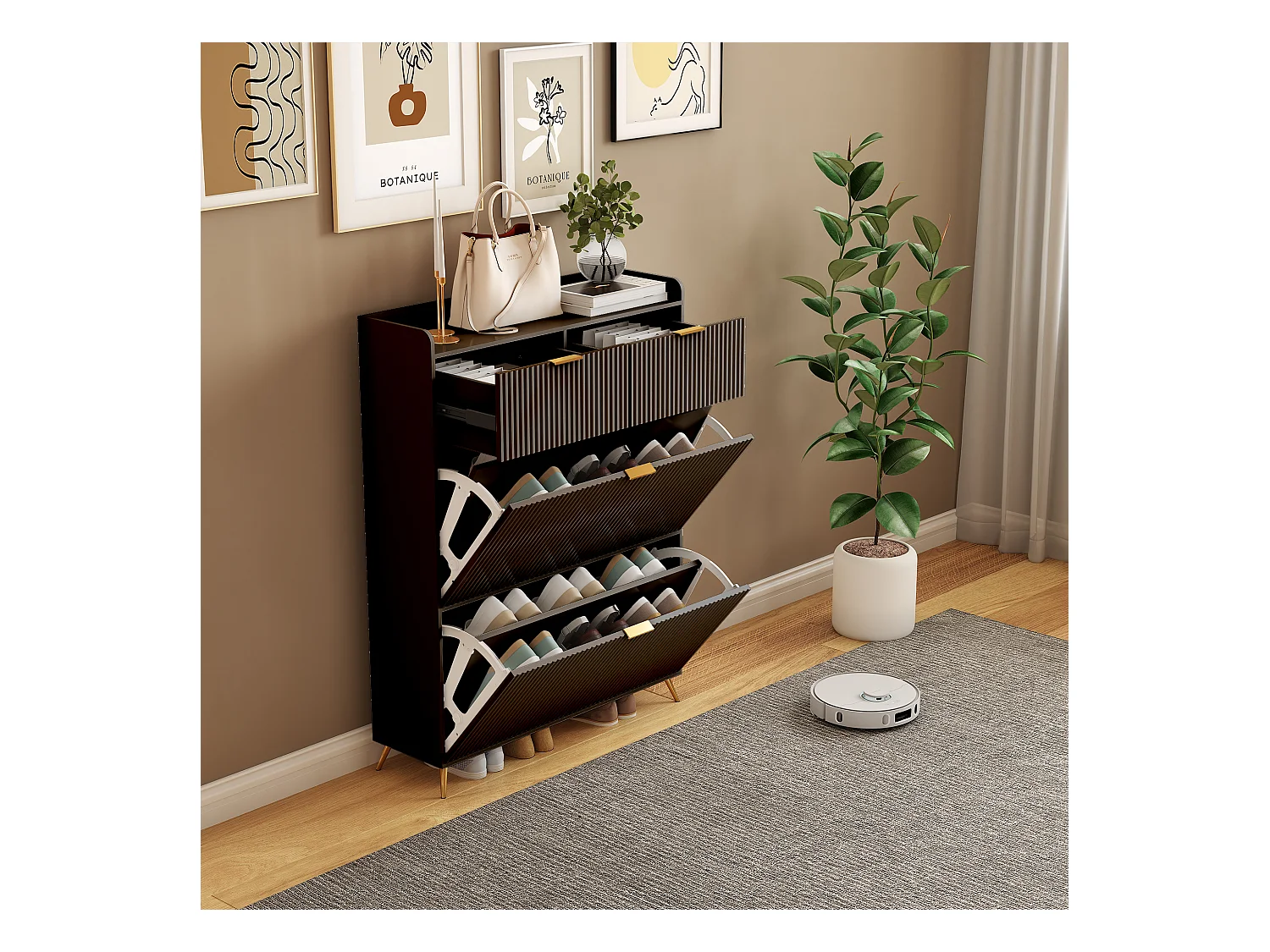 Meuble à chaussures noir moderne avec 2 tiroirs et 2 portes basculantes – Design minimaliste et fonctionnel
