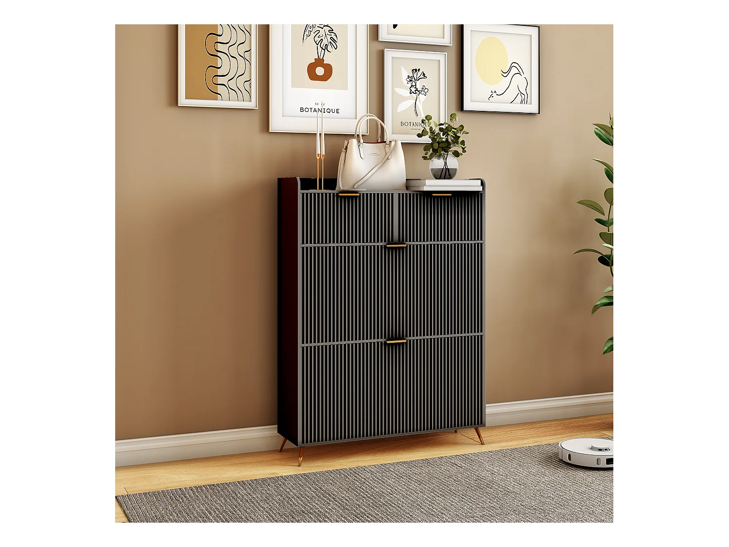 Meuble à chaussures noir moderne avec 2 tiroirs et 2 portes basculantes – Design minimaliste et fonctionnel