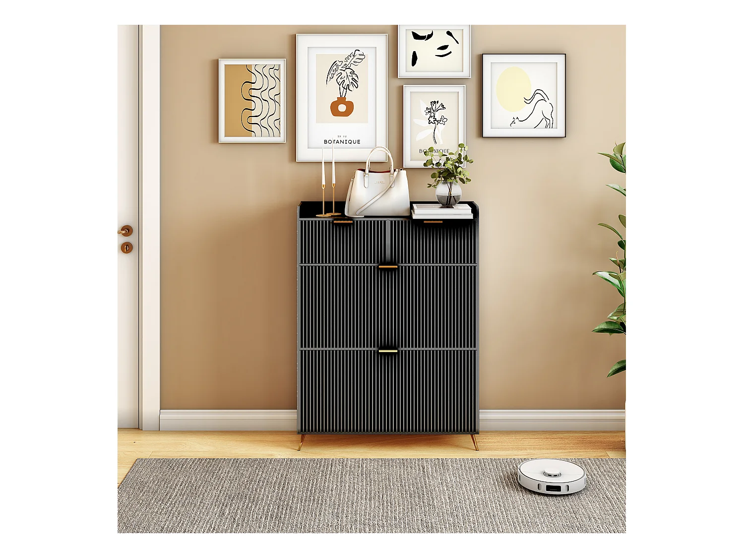 Meuble à chaussures noir moderne avec 2 tiroirs et 2 portes basculantes – Design minimaliste et fonctionnel