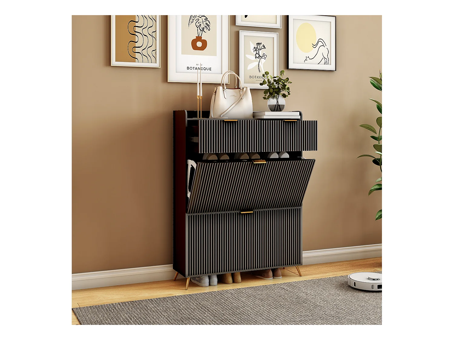 Meuble à chaussures noir moderne avec 2 tiroirs et 2 portes basculantes – Design minimaliste et fonctionnel