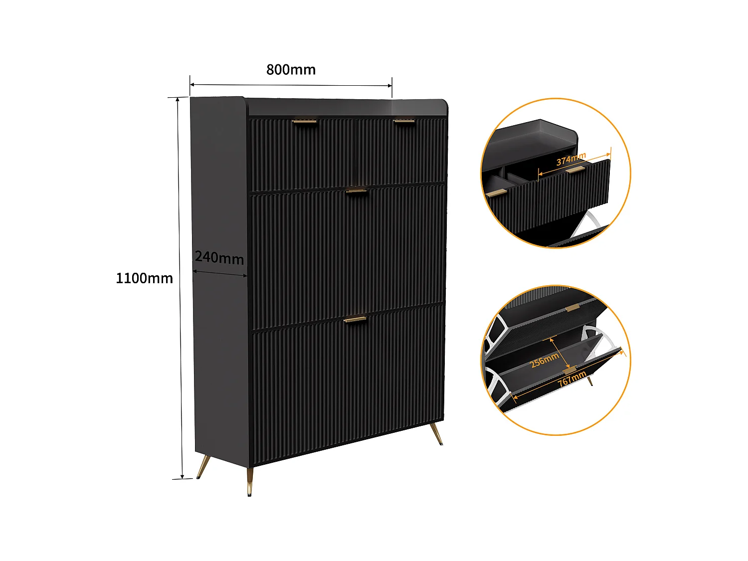 Meuble à chaussures noir moderne avec 2 tiroirs et 2 portes basculantes – Design minimaliste et fonctionnel