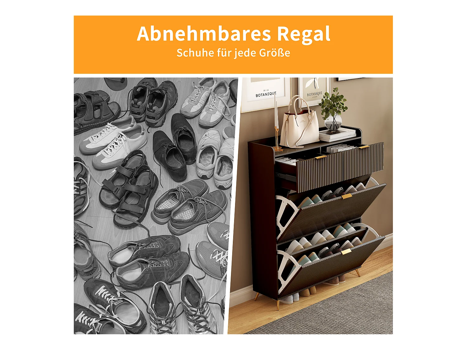 Meuble à chaussures noir moderne avec 2 tiroirs et 2 portes basculantes – Design minimaliste et fonctionnel