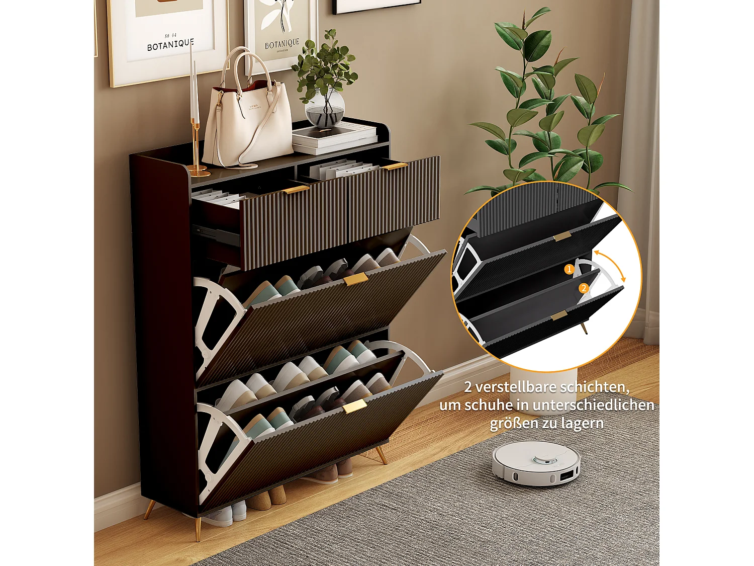 Meuble à chaussures noir moderne avec 2 tiroirs et 2 portes basculantes – Design minimaliste et fonctionnel