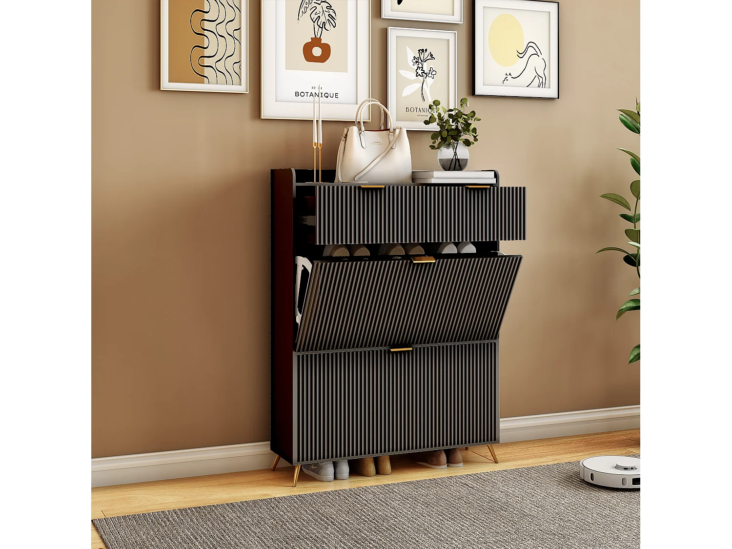 Sapateira Moderna Preta com 2 Gavetas e 2 Portas Basculantes – Design Minimalista e Funcional