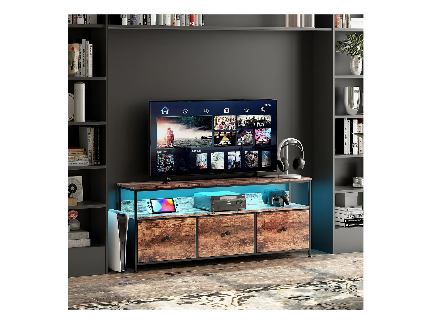 Meuble TV avec LED RGB, 3 tiroirs en tissu vintage, structure en métal, 108 x 30 x 57 cm, étagère réglable