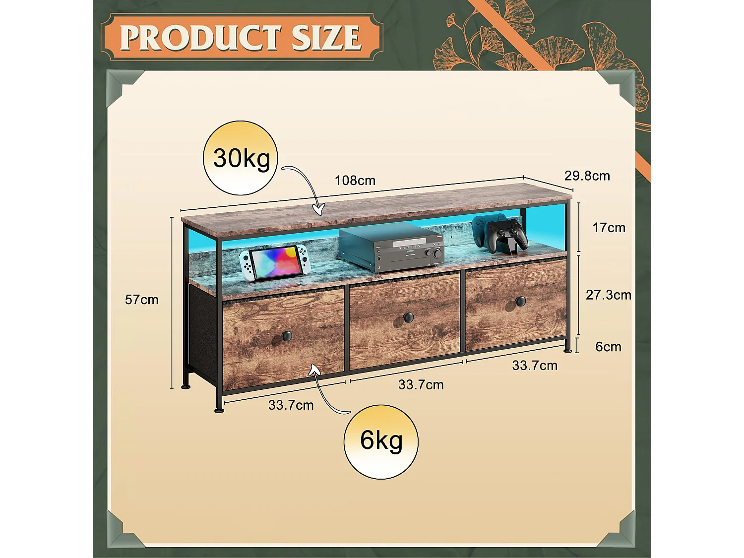 TV-meubel met RGB LED, 3 vintage stoffen lades, metalen frame, 108x30x57cm, verstelbare plank